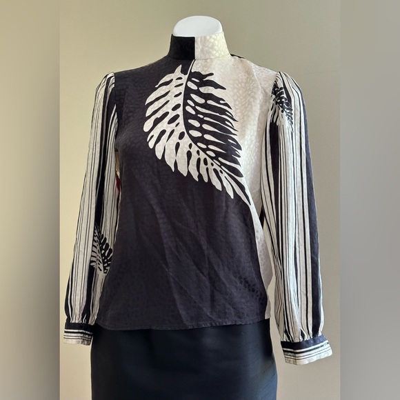Lloyd Williams Delicate Vintage Black White Leaf Print 100% Silk Top Blouse SZ 4 - Picture 1 of 15